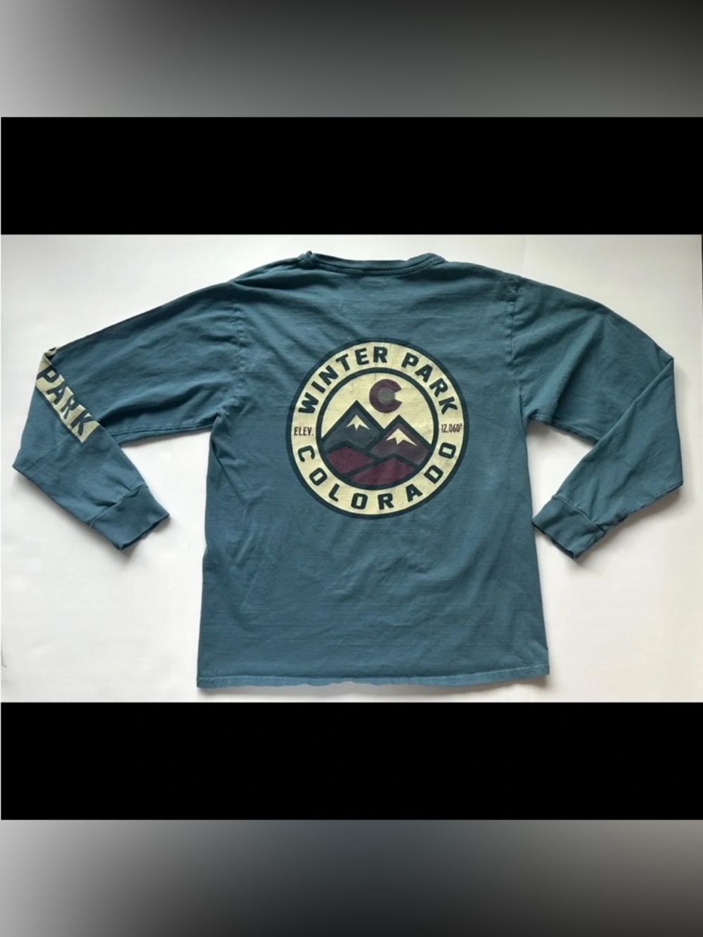 Winter Park Colorado Long Sleeve Graphic Tee Mountain Logo Muted Green/Blue Size